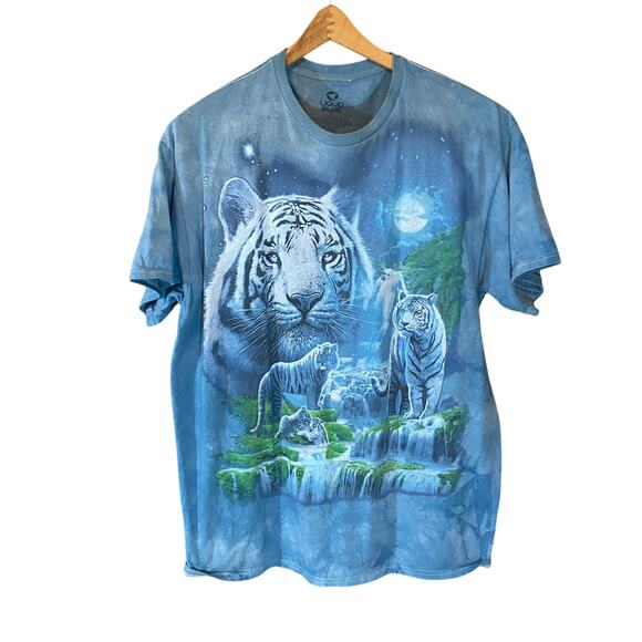 Liquid Blue White Tiger Graphic T-Shirt Moon Waterfall Nature Sz Large - Picture 1 of 4